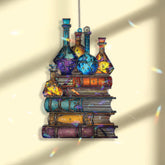 Alchemy Books and Potion Bottles Acrylic Suncatcher, Stained Glass Style Fantasy Window Hanging, Magical Witchy Home Décor Gift